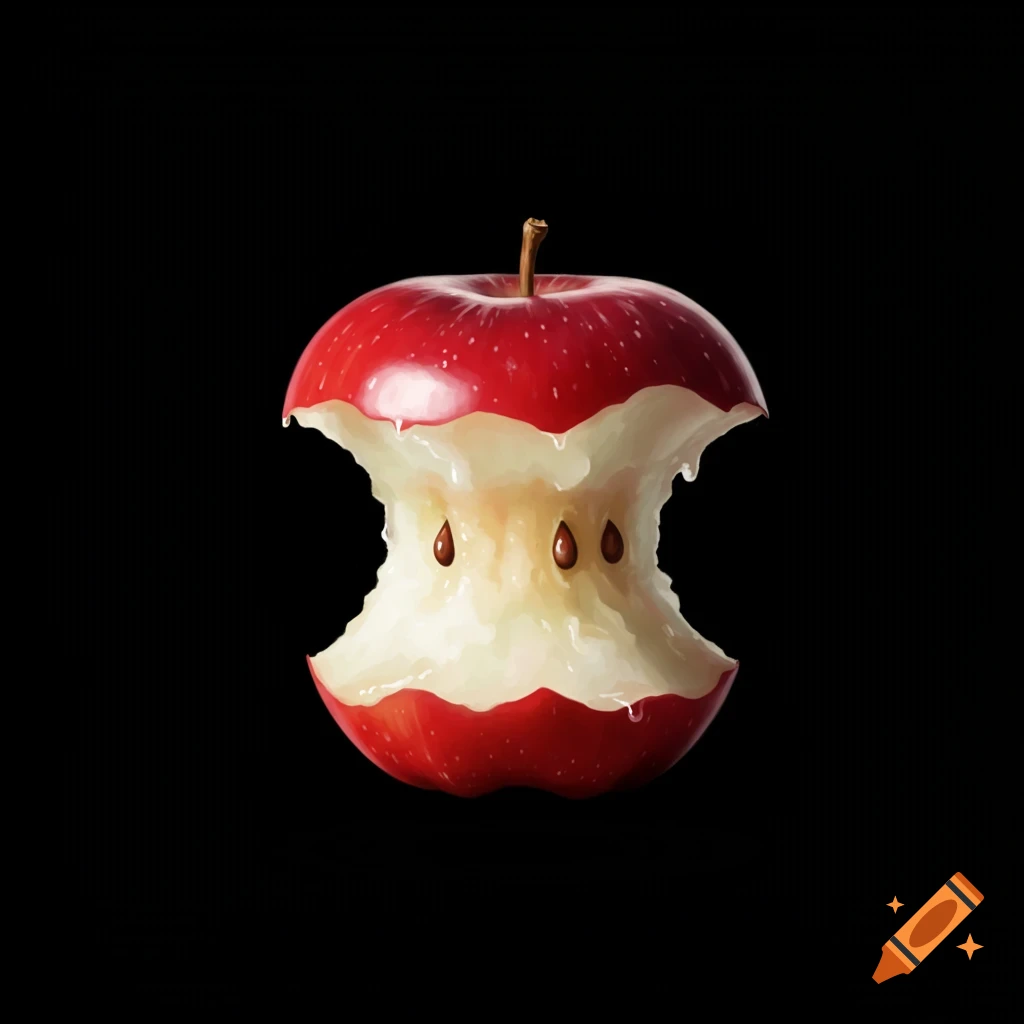 A red apple core with white flesh and three visible seeds, set against a solid black background, in a painted style.