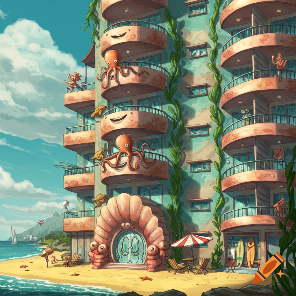 A whimsical, cartoon-style apartment building on a beach, decorated with octopuses, smiling balconies, and a shell entrance.