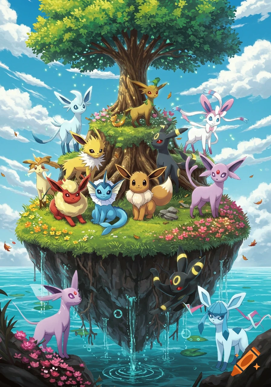 Eevee and all Eeveelutions gathered on a vibrant, floating tree island surrounded by water, in a whimsical anime style.