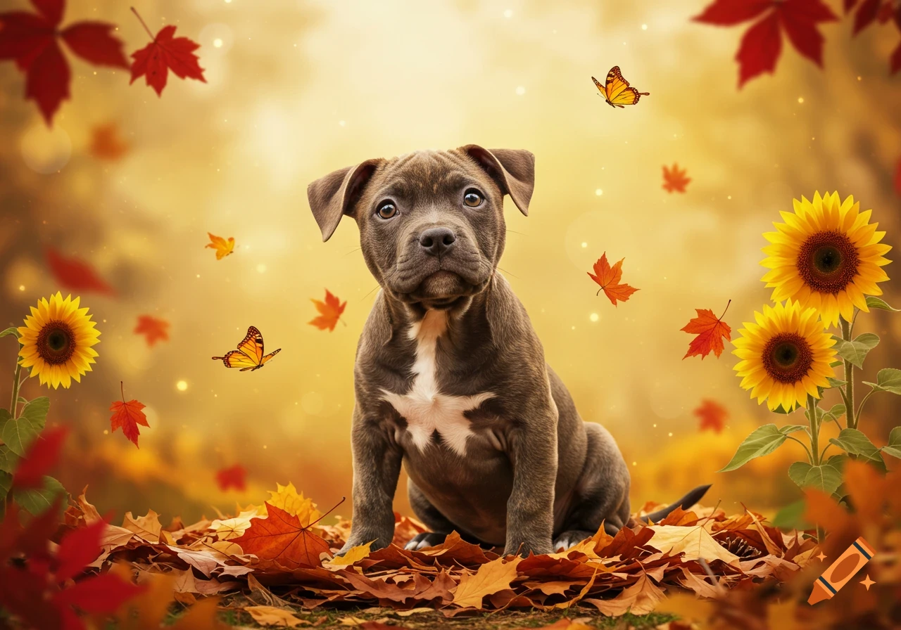 An airbrushed illustration of a big-eyed pitbull puppy sitting on autumn leaves with falling leaves, butterflies, and sunflowers.