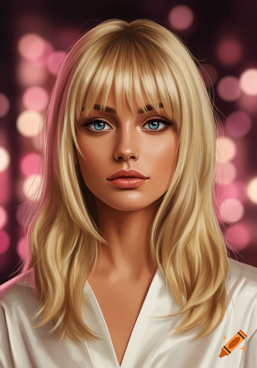 A detailed digital portrait of a blonde woman with bangs and striking blue eyes, wearing a white robe, against a blurry pink background.