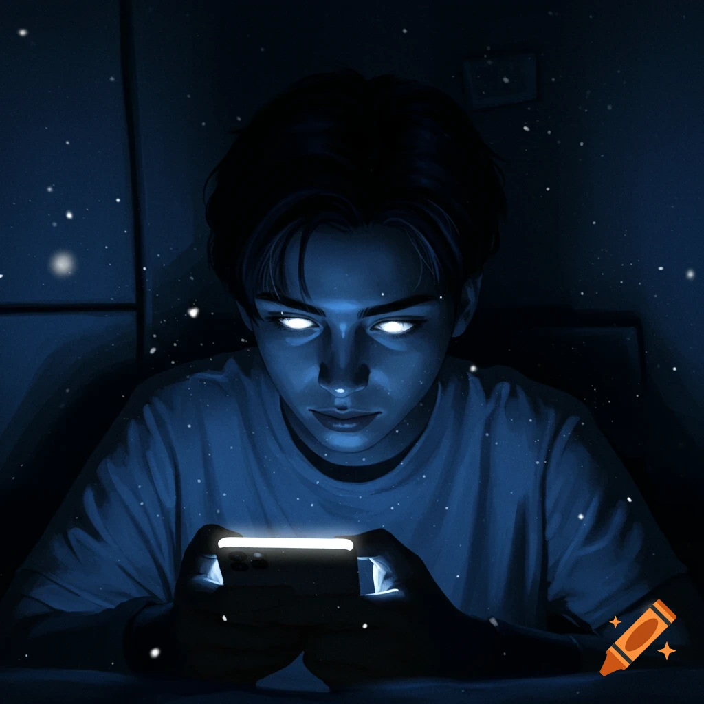 A stylized digital art portrait of a person with glowing white eyes looking at a brightly lit phone screen in a dark blue, starry environment.