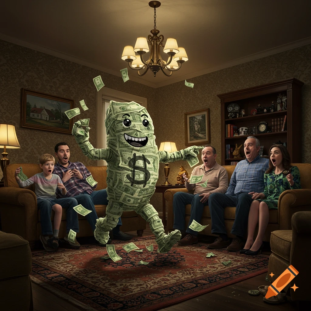 A cartoon money character with a dollar sign on its chest walks past a surprised family in their living room, while money bills float in the air. Photorealistic style.