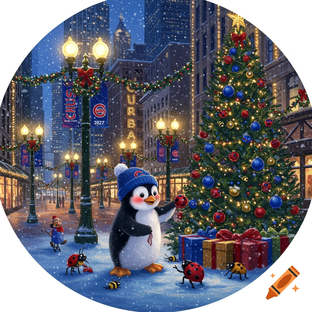 A Disney-style penguin in a Cubs knit hat decorates a Christmas tree on a snowy Chicago street with ladybugs and bumblebees, festive lights, and skyscrapers.