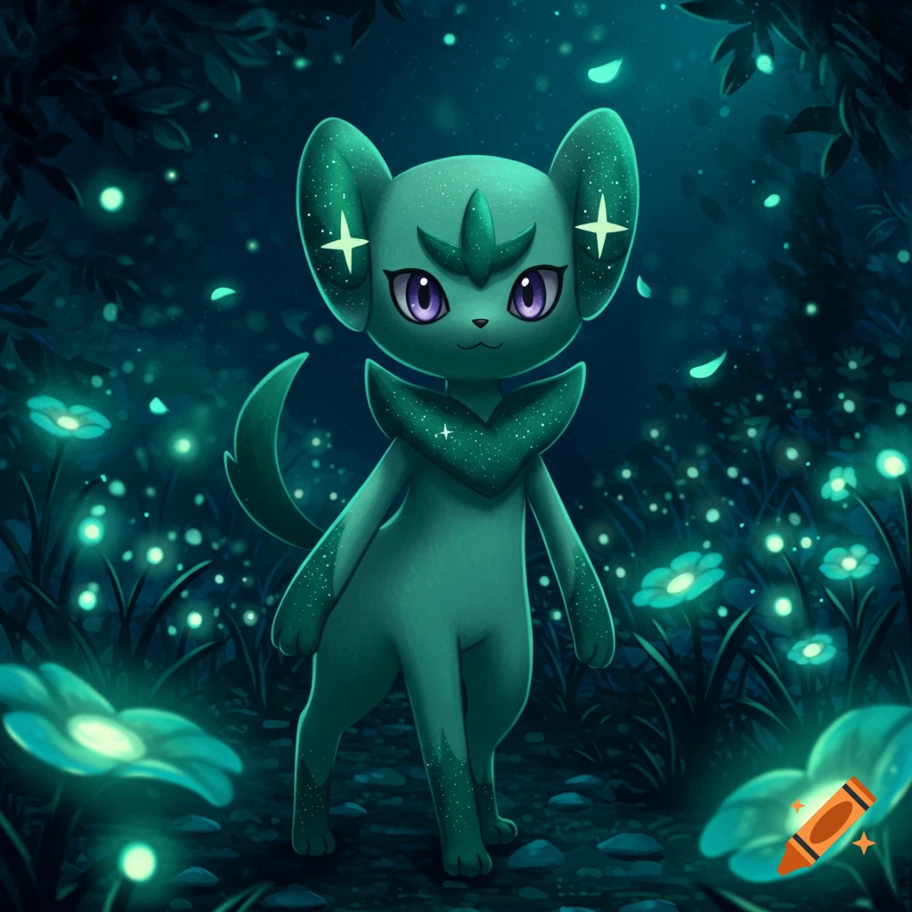 A glowing, green, cat-like Pokemon with purple eyes stands in a dark, mystical forest with luminous plants.
