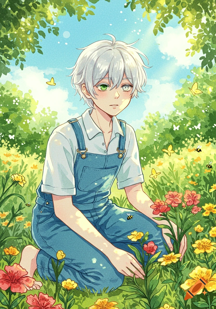 Anime boy with white hair and heterochromia kneels in a sunny flower garden with butterflies and bees.