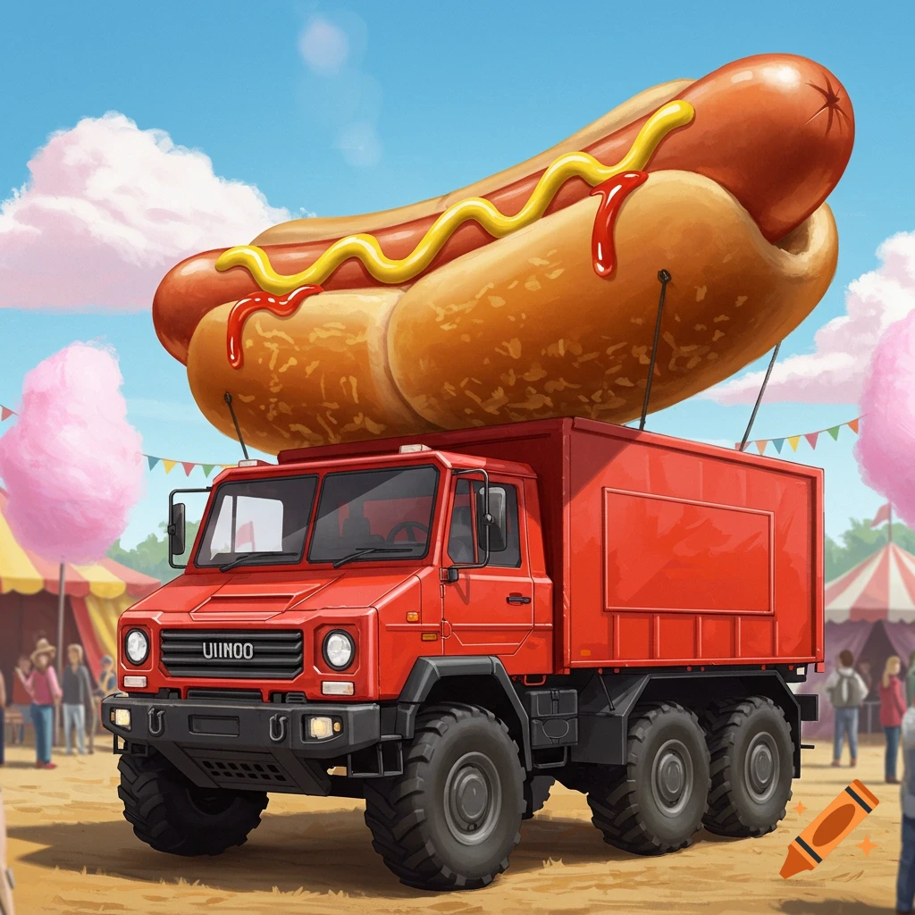 A large red truck with a giant hotdog on top, parked at a sunny outdoor carnival with tents and cotton candy.