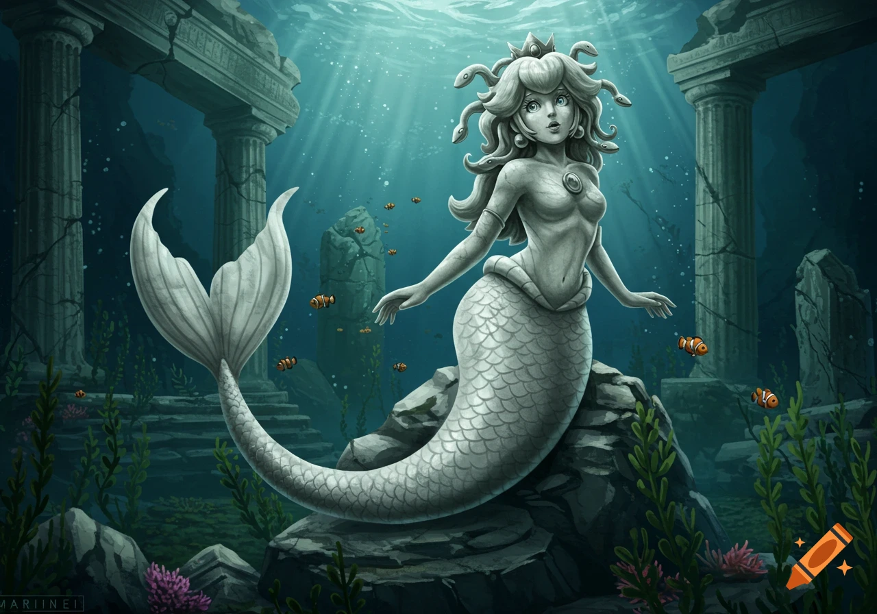 An illustrative marble statue of Mermaid Princess Peach with snake hair in ancient underwater ruins.
