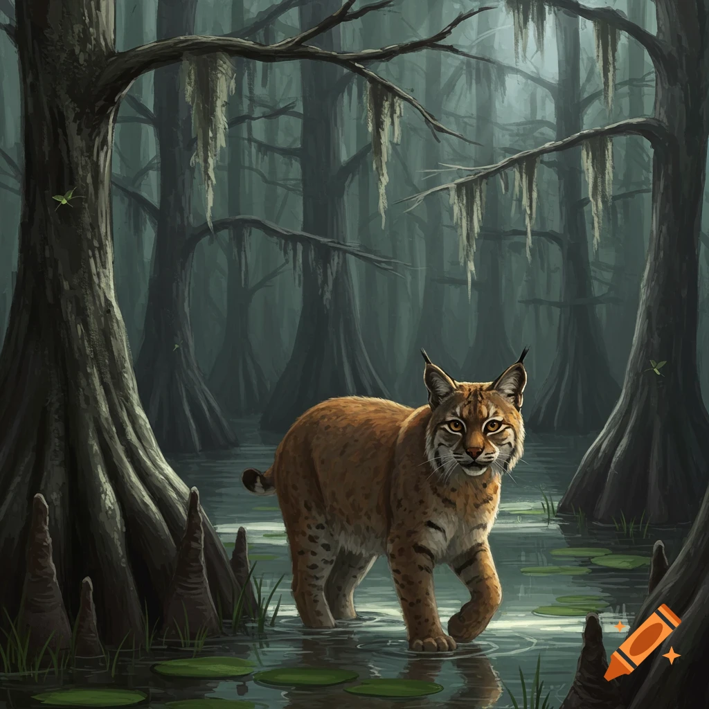 A bobcat walks through a murky swamp filled with large cypress trees, cypress knees, and lily pads under a misty sky.