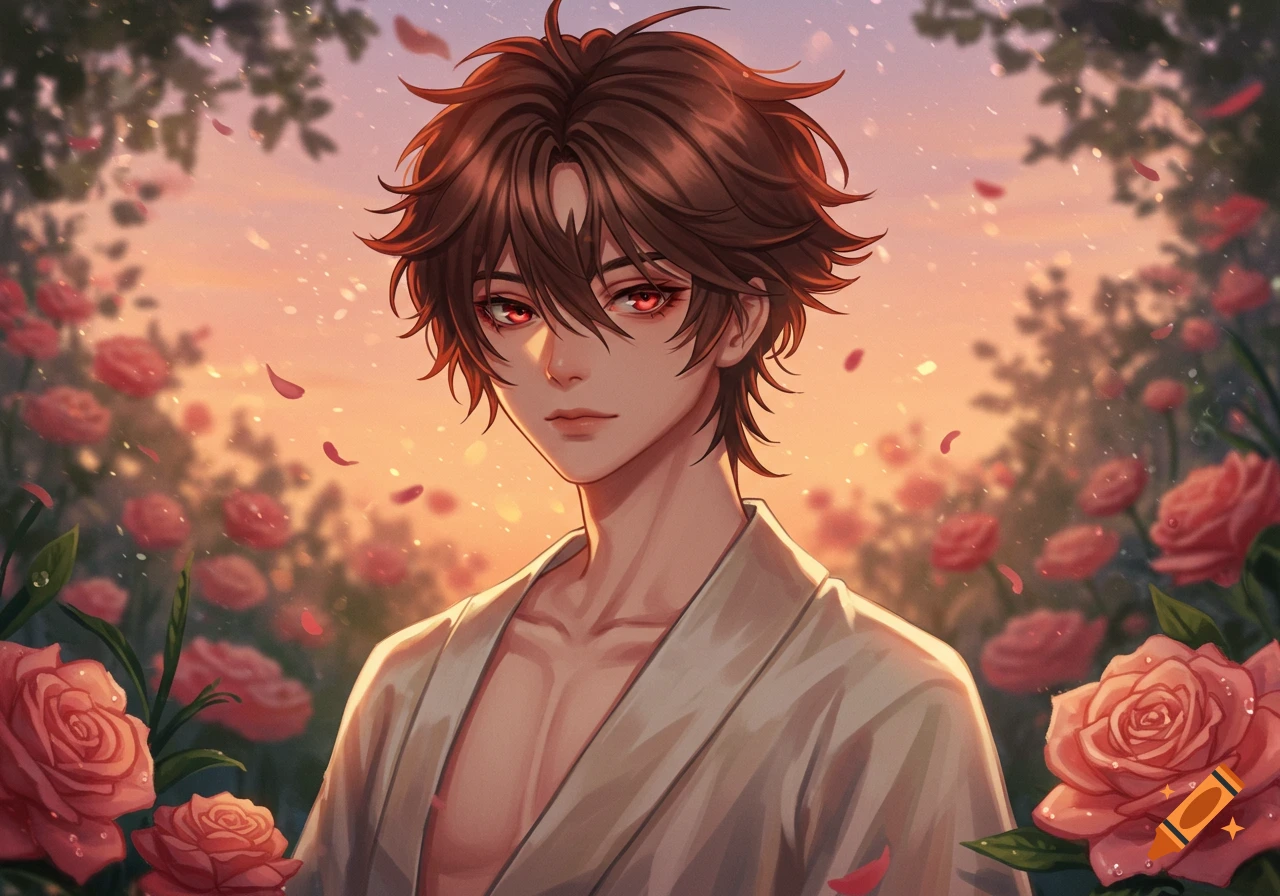 An anime male character with brown hair and red eyes in an open white robe, surrounded by pink roses at sunset.