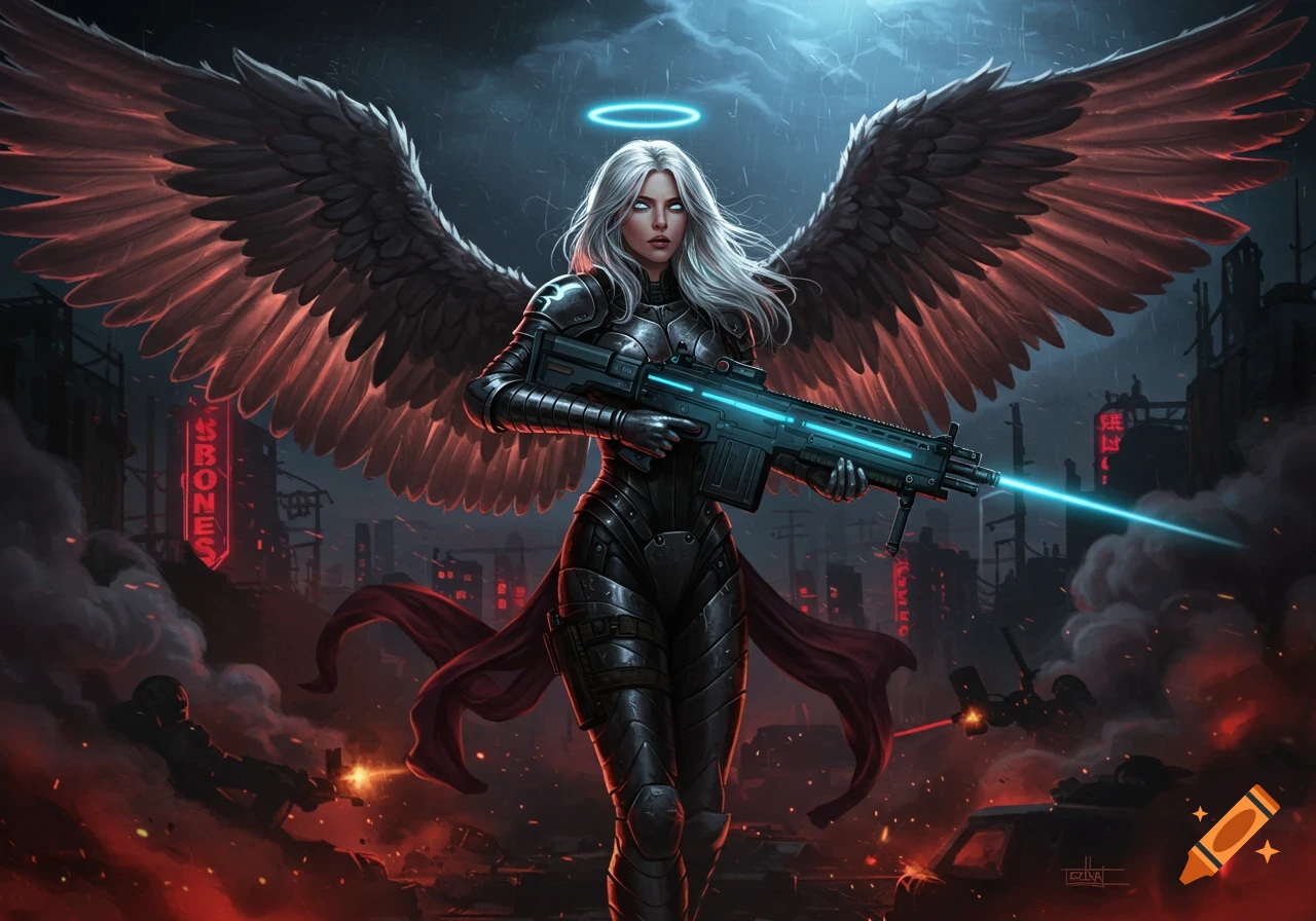 A female angel in dark armor with large wings holds a glowing rifle, standing amidst a ruined, fiery cityscape in a dark comic art style.