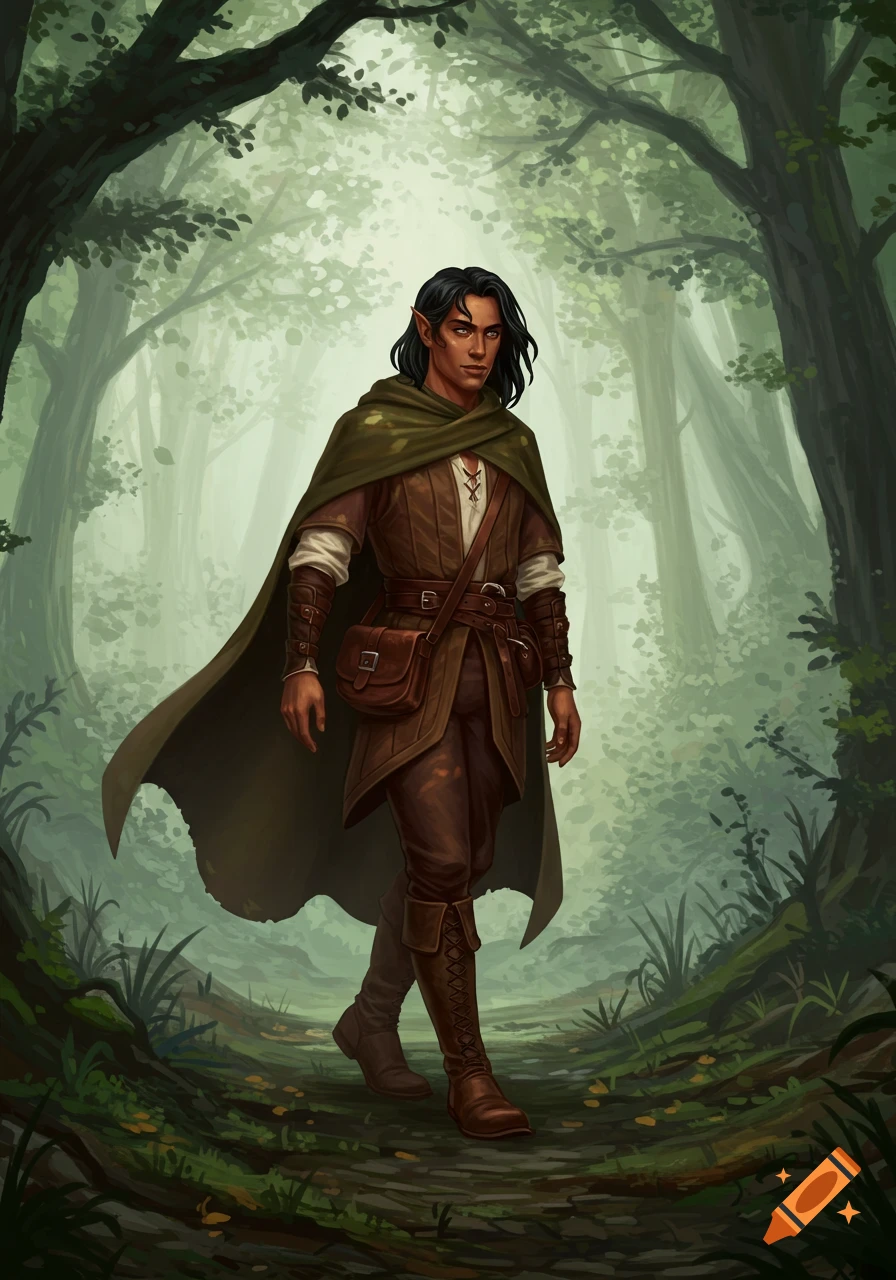 A lean, dark-haired fantasy mage with coppery skin in medieval traveling clothes and a cloak walks a misty forest path, digital painting.