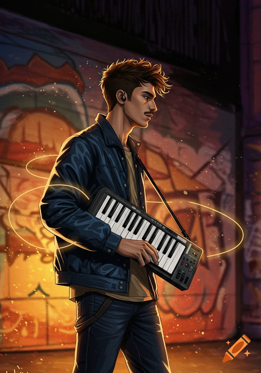 An illustrated young man with a mustache and dark hair, wearing a denim jacket, holds a small keyboard. He stands in front of a graffiti-covered wall with warm, glowing light.