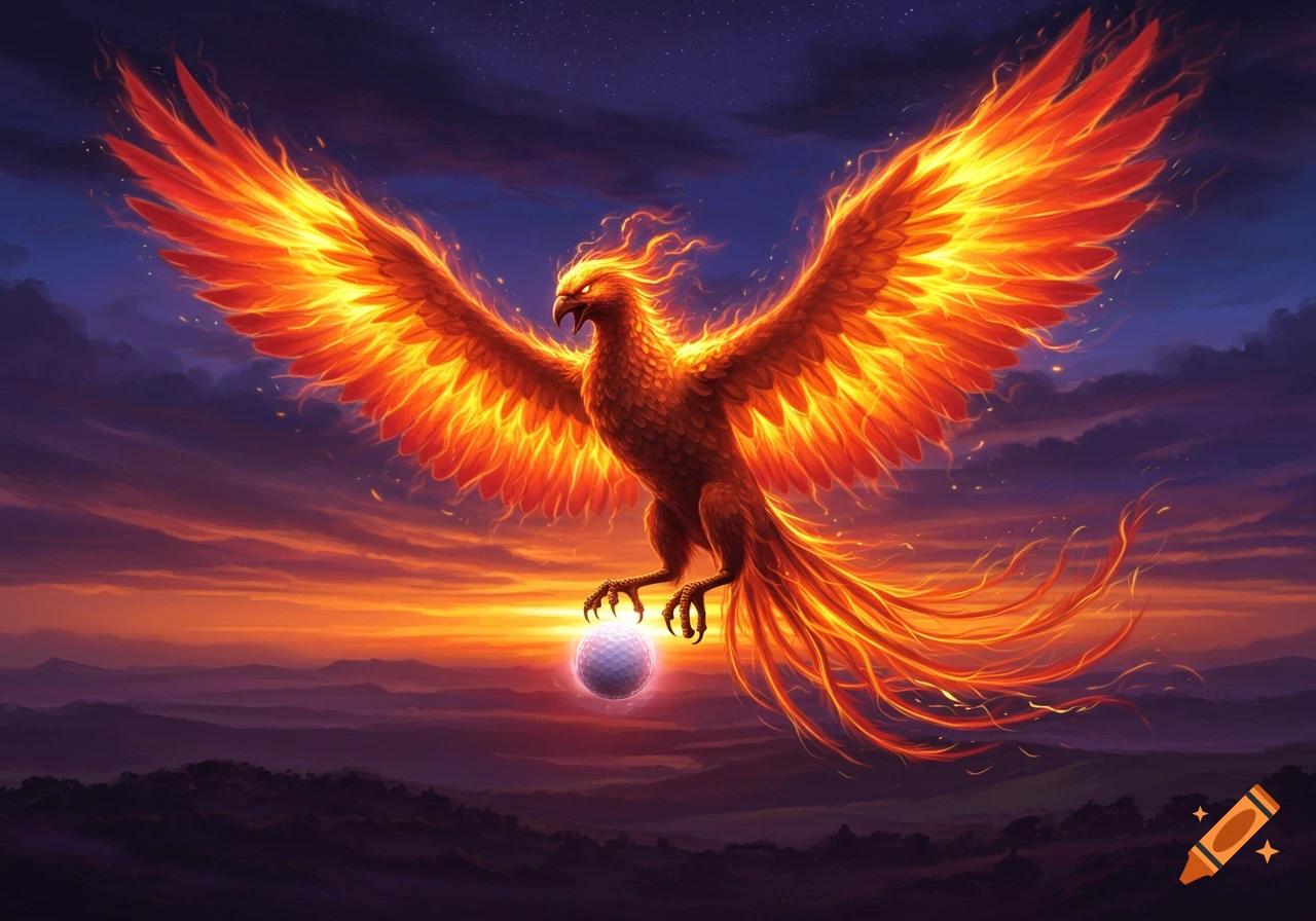 A majestic burning phoenix with fiery wings and tail, holding a white golf ball in its talons against a vibrant sunset sky.