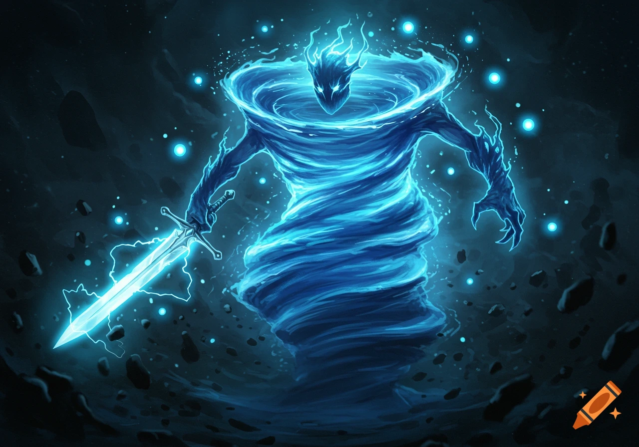 A glowing blue vortex monster with fiery eyes holds a sharp, bright sword against a dark, cosmic background with floating debris.