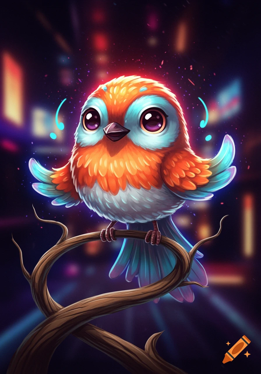 A cute, vibrant orange, blue, and white bird with large purple eyes perches on a branch against a dark, glowing background.