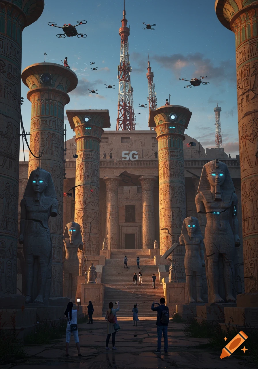 An ancient Egyptian-style temple retrofitted with 5G towers and surveillance drones, with tourists and glowing-eyed statues.