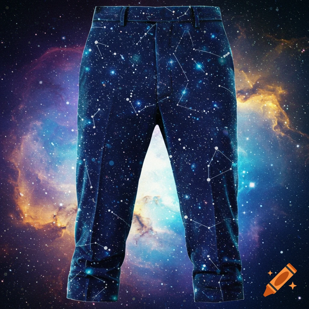 A pair of dark blue pants covered in white constellation patterns, set against a vibrant purple and orange nebula background.