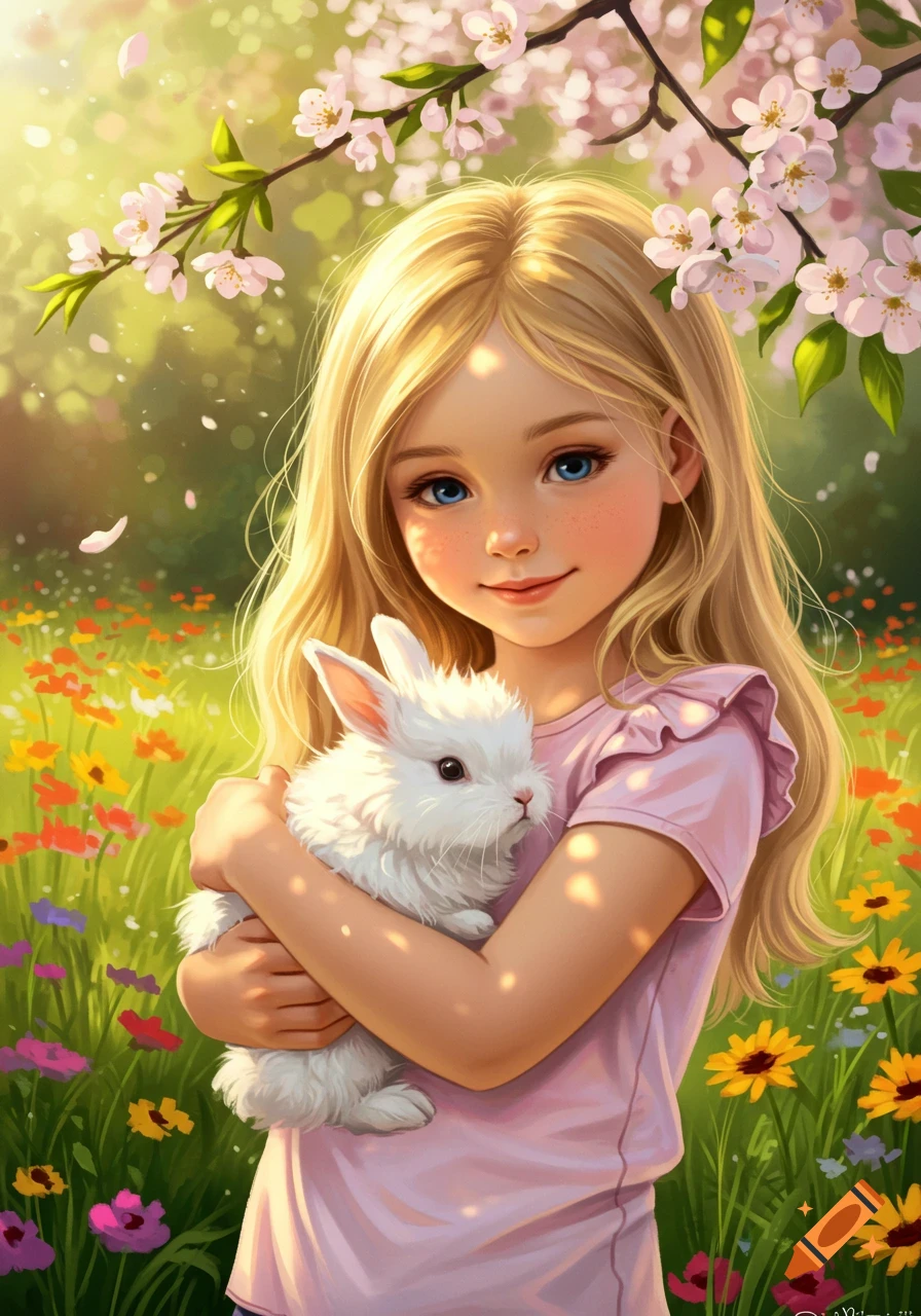A blonde girl in a pink shirt holds a white bunny in a sunny field with colorful flowers and cherry blossoms, illustration style.