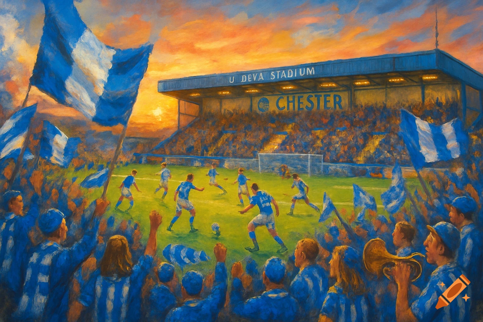 A vibrant, painterly scene of a football match at the U Deva Stadium, with fans waving blue and white flags under an orange sky.