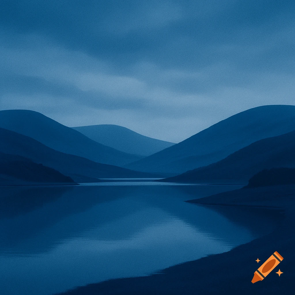 Monochromatic blue landscape of layered mountains reflected in a calm lake.