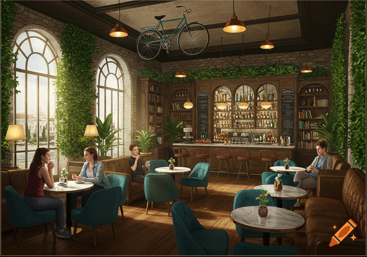 A warmly lit cafe interior with large arched windows, brick walls, and ivy. Patrons sit at tables and a bar, with a bicycle hanging from the ceiling.