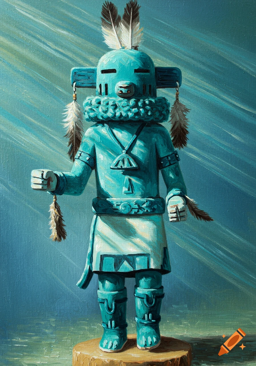 Oil painting of a teal Kachina doll with feathers, standing on a wooden base.