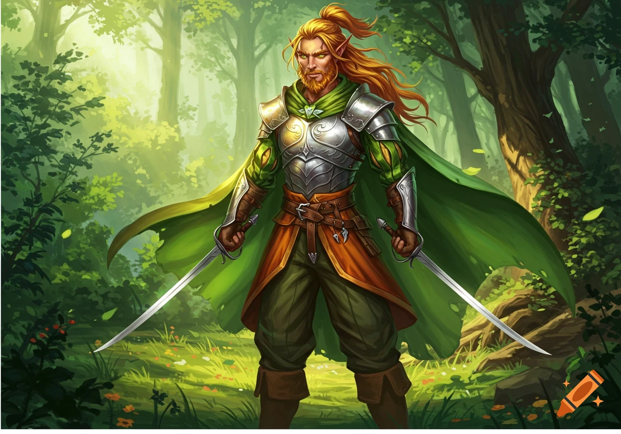An illustrated male half-elf warrior with blonde hair and beard, wearing armor and a green cape, standing in a sunlit forest holding two swords.