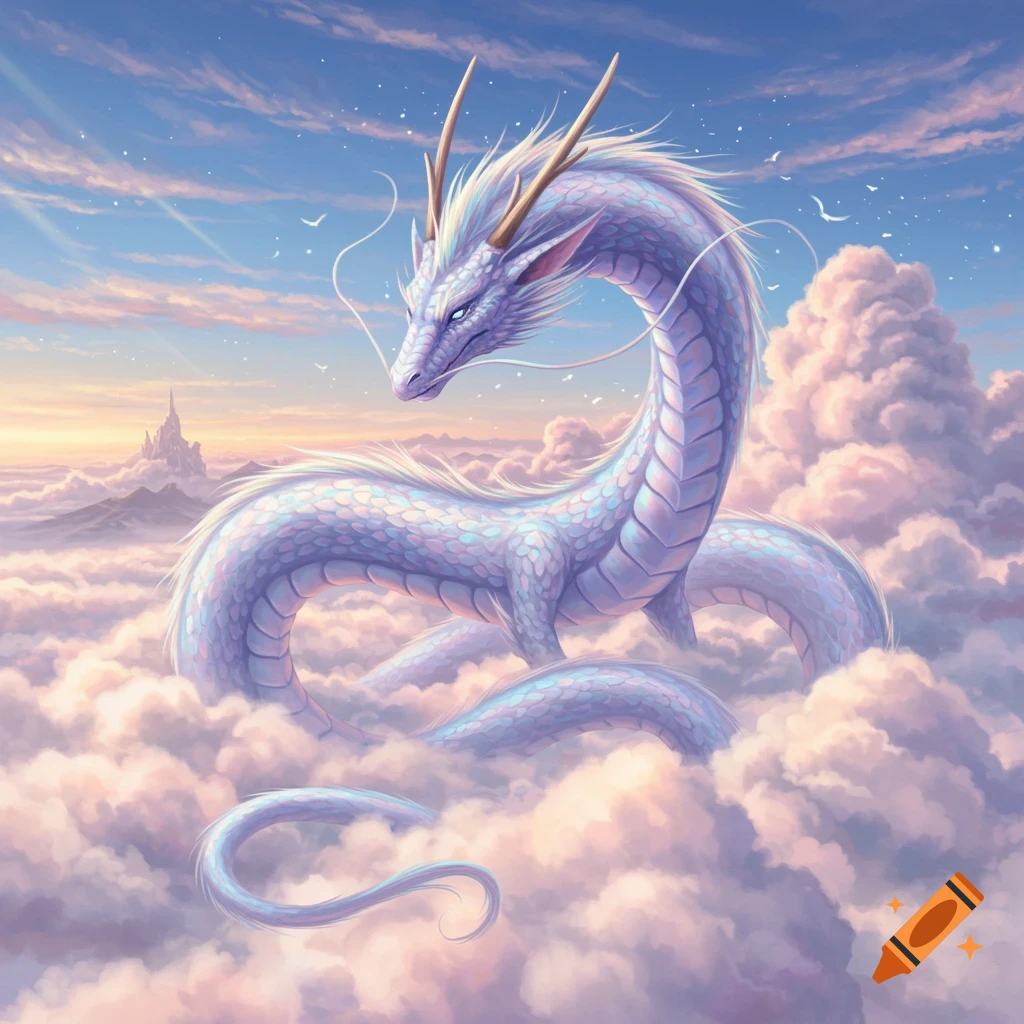 An ethereal white and lavender dragon with glowing eyes, soaring amidst soft pink and white clouds in a blue sky, with a distant castle on a mountain peak.