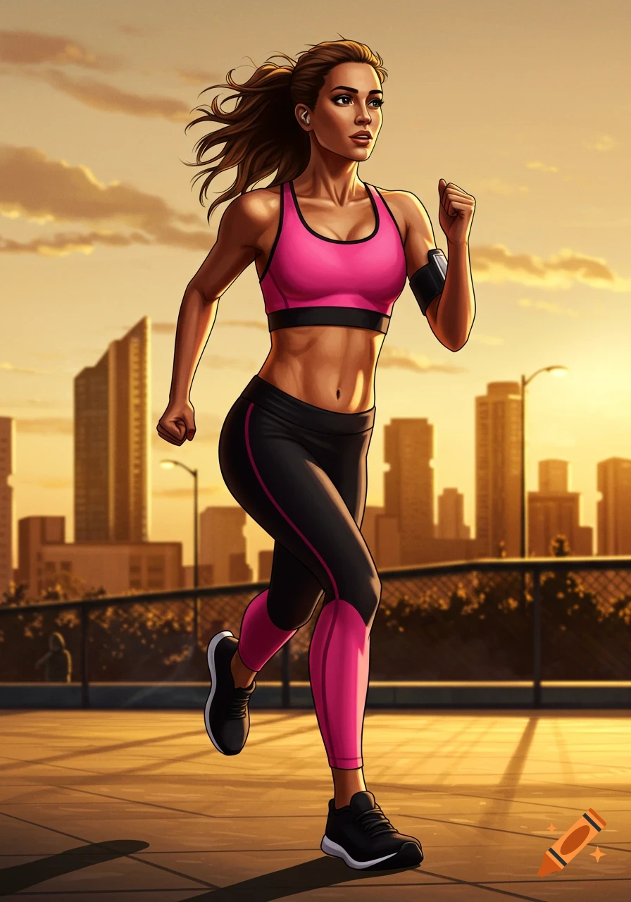 An illustrated woman in a pink sports bra and black leggings jogging against a city skyline at sunset.