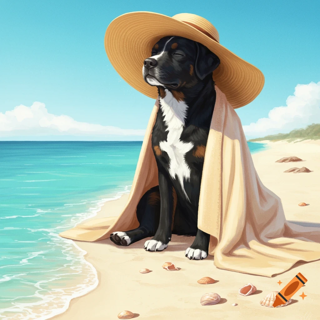 A black, white, and brown dog in a sun hat and towel sits on a sandy beach next to a teal-blue ocean.