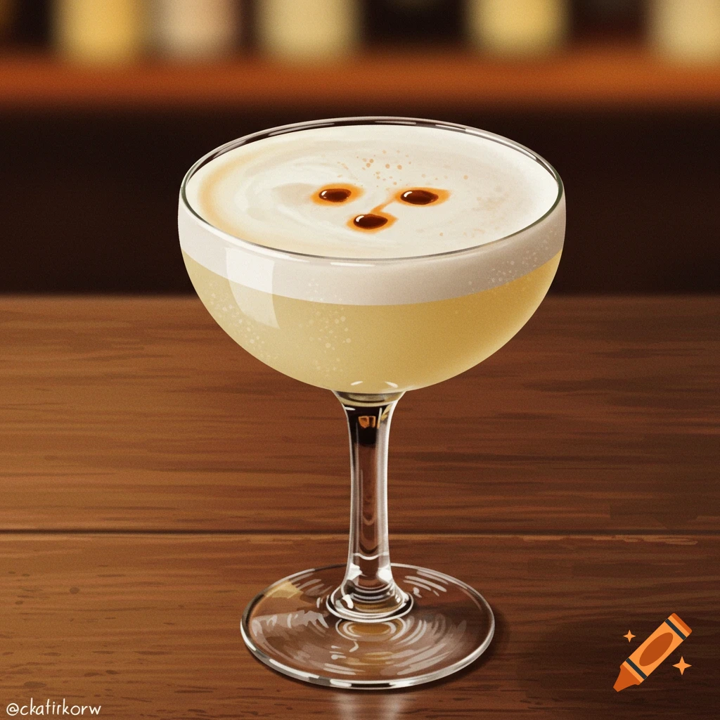A stylized drawing of a pisco sour cocktail with foam and three bitter drops forming a heart on a wooden table.