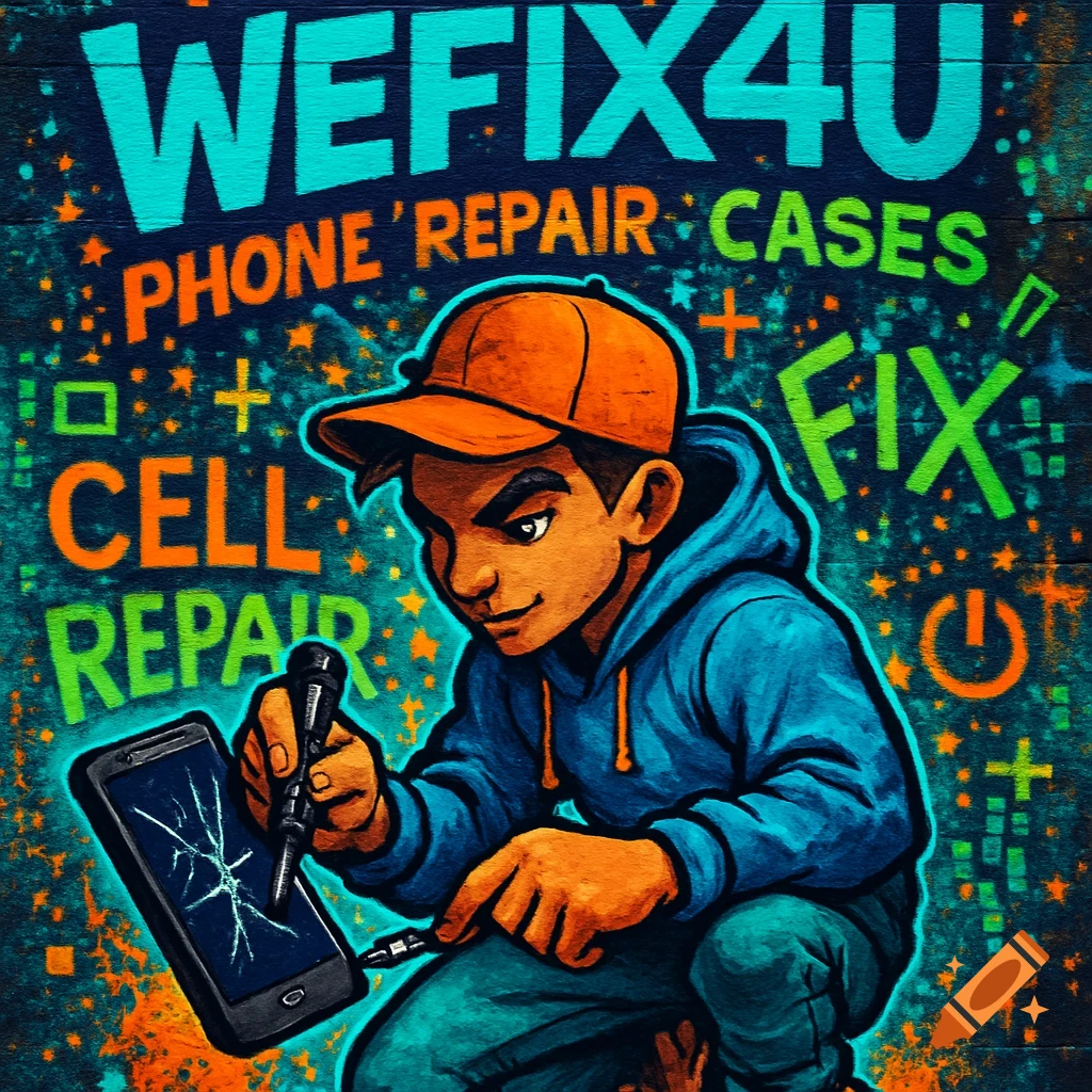 Graffiti-style image of a person repairing a cracked phone. Text says 'WEFIX4U PHONE REPAIR'.