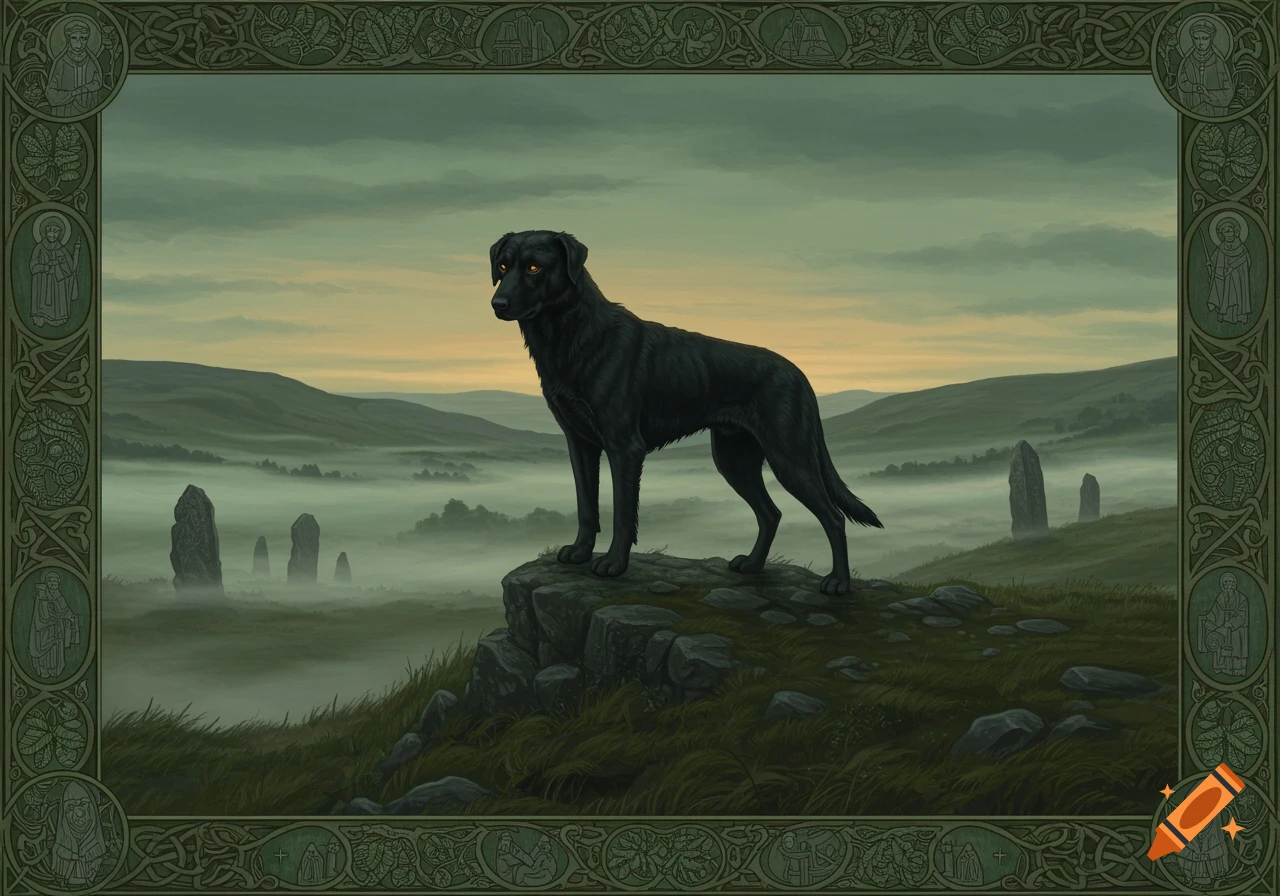 A black dog with glowing eyes stands on a rocky hill in a misty landscape with standing stones, bordered by green Celtic knotwork and saint motifs.