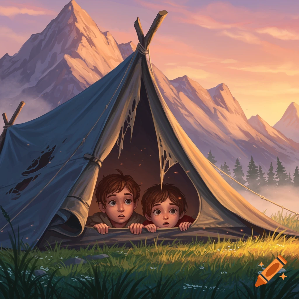 Two wide-eyed illustrated children peek out from a tattered tent in a grassy field, with large mountains behind them at sunrise.