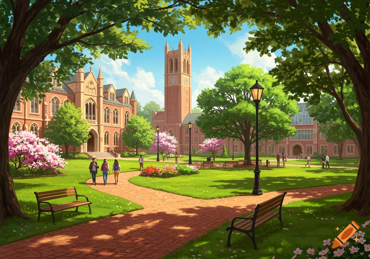 Digital painting of a bustling university campus with students walking on brick paths, green lawns, trees, and red brick buildings on a sunny day.