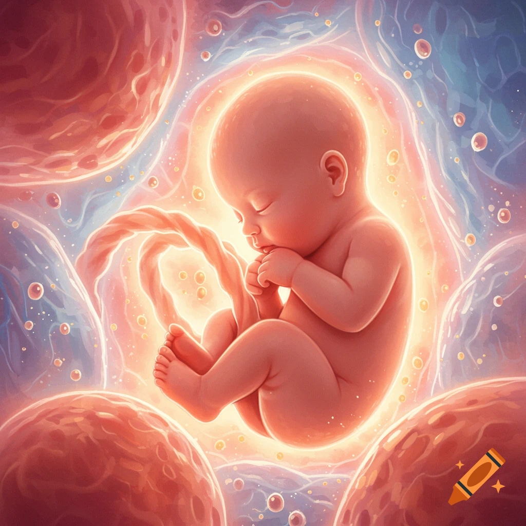 A serene baby floats in a glowing, abstract womb, connected by an umbilical cord, with cellular structures in the background.