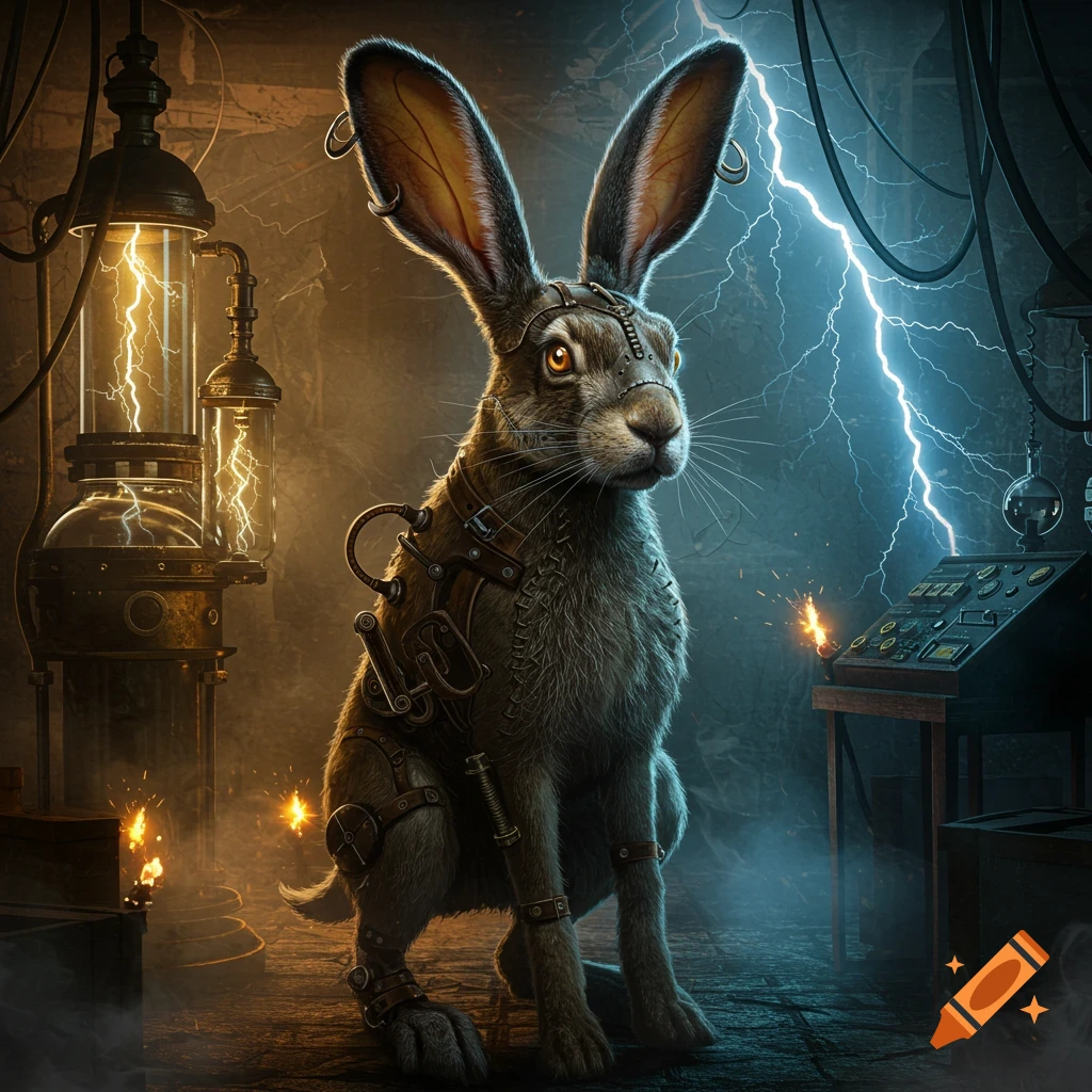 A detailed, dark image of a jackrabbit with mechanical steampunk body parts, standing in an electrified laboratory with glowing machinery.