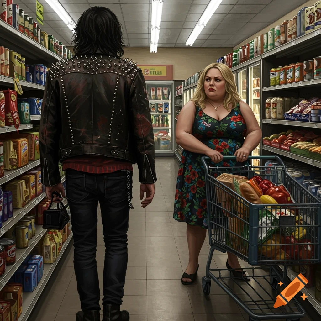 A rocker guy in a studded leather jacket walks away from a blonde woman with a shopping cart in a supermarket aisle. She looks annoyed.