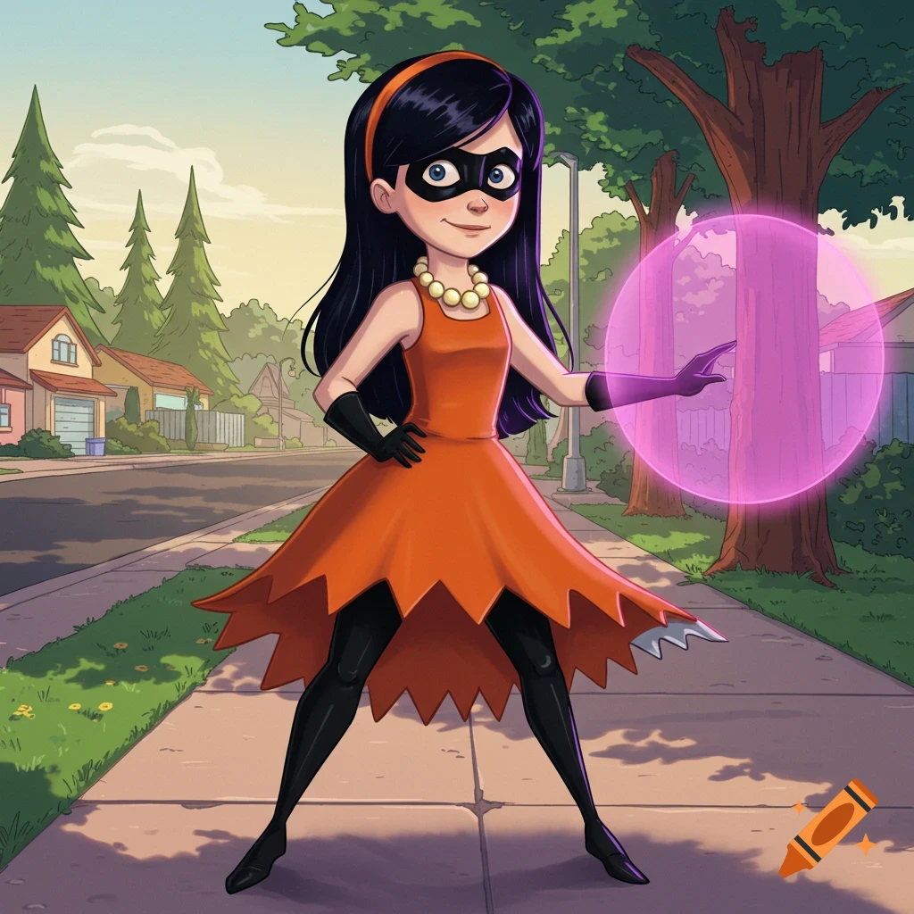 Cartoon illustration of Violet from The Incredibles in an orange dress and black tights, standing on a suburban street and creating a pink force field.