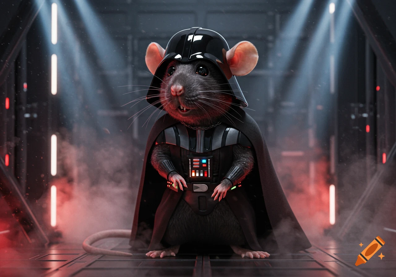 A photorealistic black rat wearing a full Darth Vader suit stands in a smoky, dark, sci-fi corridor with red and white lights.