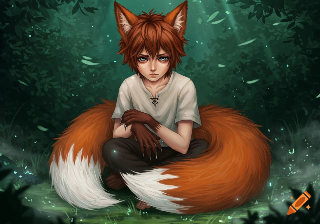 A boy with fox ears and a large fluffy tail sits in a dark forest. He has blue-grey eyes and hands with sharp claws, resting on his tail. Digital art.