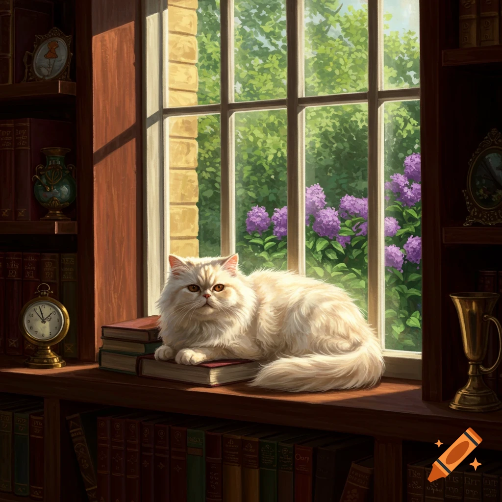A fluffy white cat lies on a stack of books by a sunlit window overlooking a garden, surrounded by bookshelves.