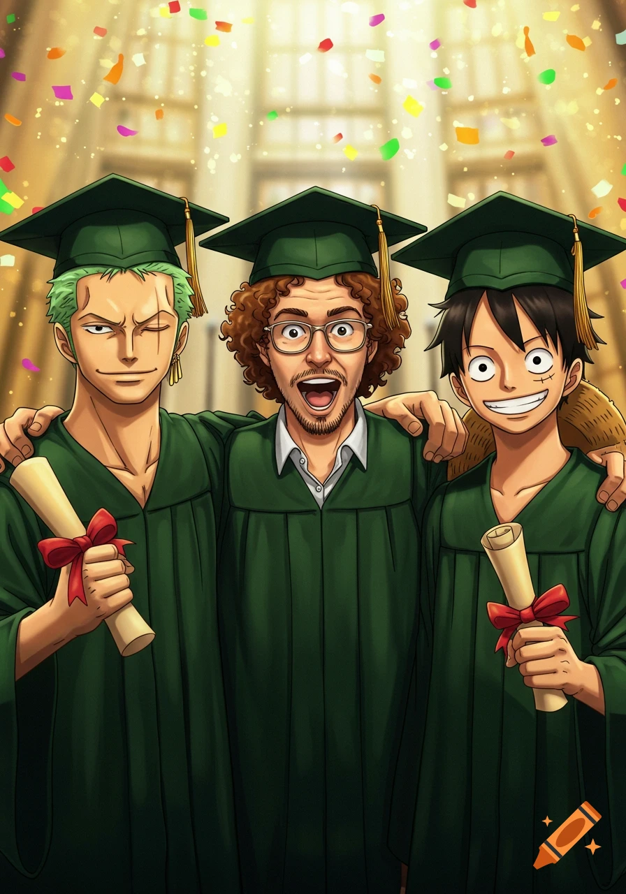 Roronoa Zoro, a brown-haired man, and Luffy from One Piece in dark green graduation caps and gowns, holding diplomas, with confetti.
