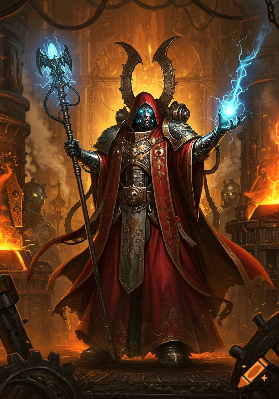 A robed Warhammer 40k Magos Dominus in a forge, holding a staff and casting blue electricity.