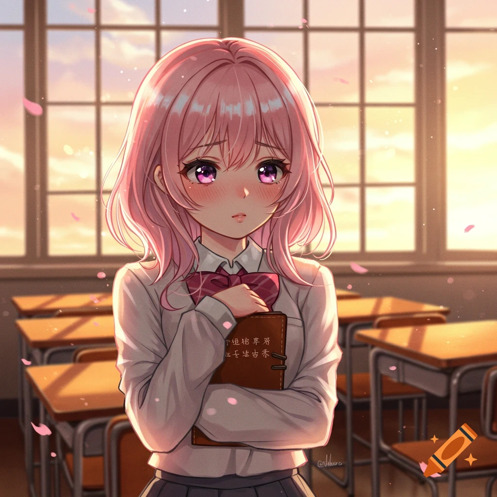 An anime girl with pink hair and purple eyes, wearing a school uniform, holds a book in a classroom during sunset with falling petals.