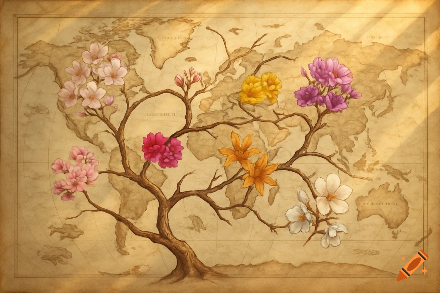 A vintage-style world map featuring a tree with branches spreading across continents, adorned with various colorful flowering buds.