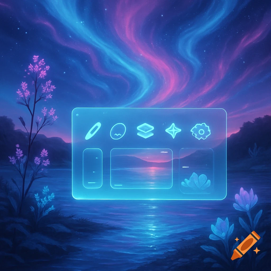 A glowing blue UI panel floats over a tranquil lake with a colorful aurora sky and luminous plants.