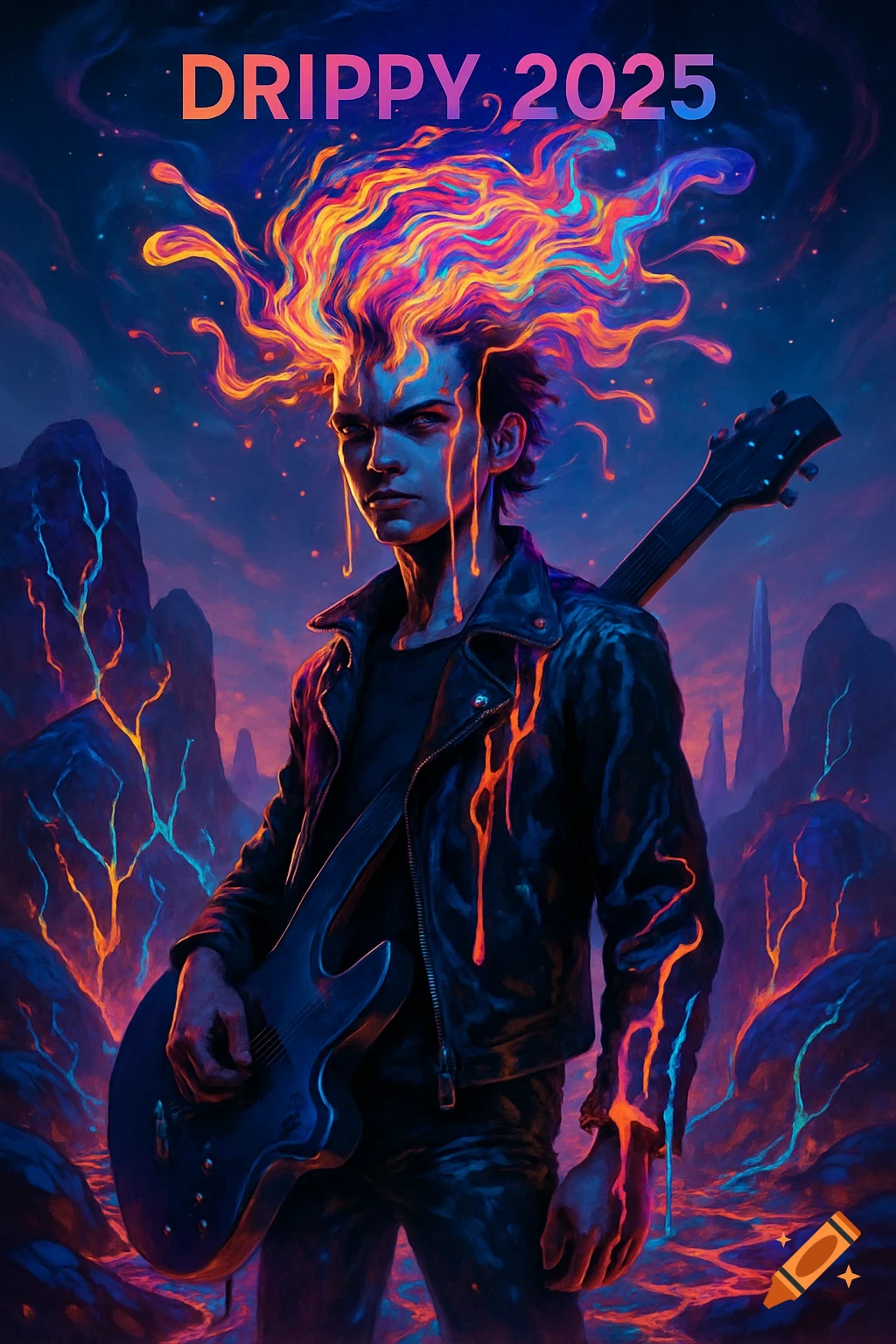 A stylized figure with vibrant, fiery hair holding an electric guitar in a surreal, rocky landscape. Text 'DRIPPY, 2025'.