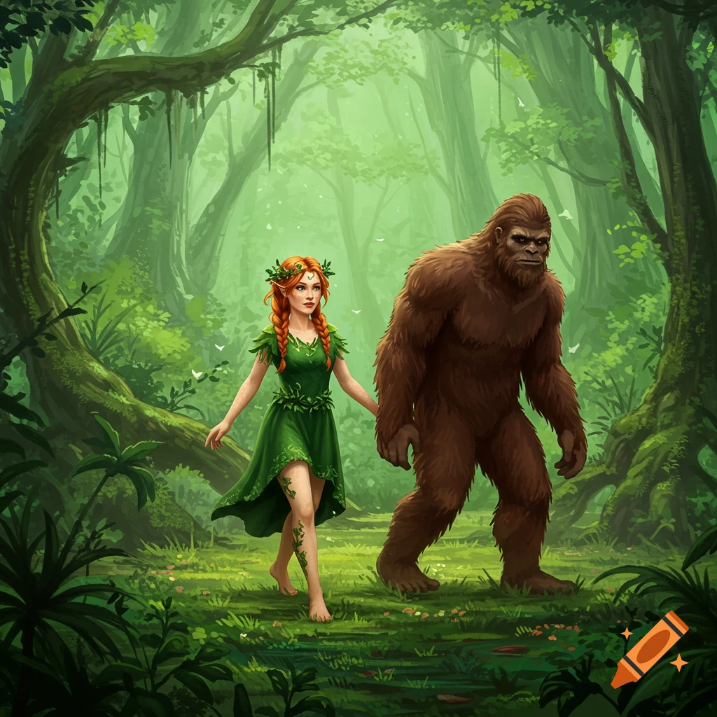 A redheaded woman in a green leafy dress walks barefoot through a lush rainforest, holding hands with a large, brown, hairy bigfoot-like creature.